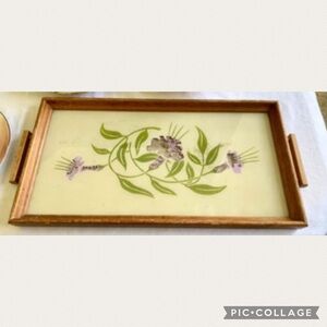 Antique Wood Framed Glass Top 2-Handled Paper Flower Liner Serving Tray BarWare